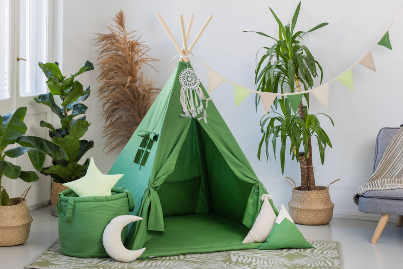 Tipi Telt Sæt til Børn, Grøn - Håndlavet Børneværelse Hygge - Tipi telt til børn