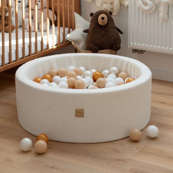 MeowBaby® Rundt Boldbassin med 200 Guld/Beige/Hvide Bolde, 90x30 cm - Hvid Bouclé